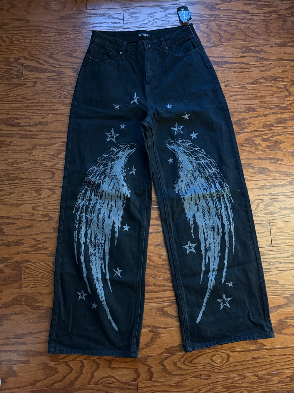 Hot Topic Black Wide-Leg Jeans with Silver Wing & Star Graphics